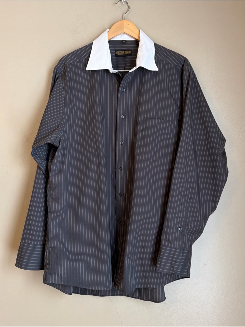 Donald J. Trump Signature Shirt Size 17 Gray Pinstriped Button Up Long Sleeve